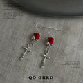 Silver Fishhook Earrings Red Rose Bloom Metal Stem Drop view 3