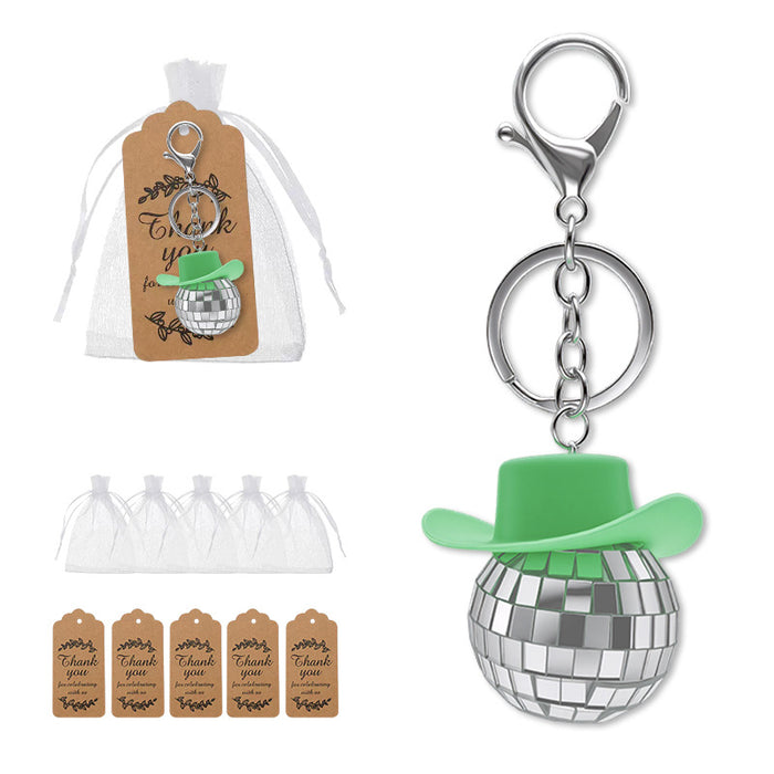 Green Cowboy Hat Disco Ball Keychain Silver Clasp Metal Charm