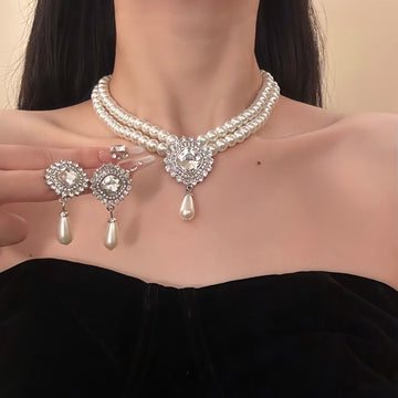 Double Strand Pearl Necklace Drop Earring Set Silver Crystal