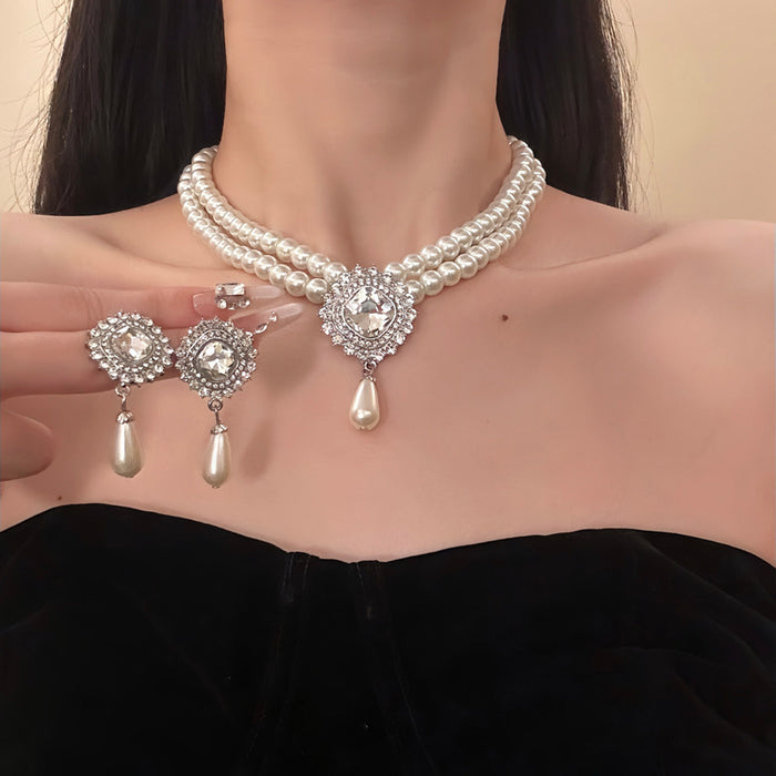 Double Strand Pearl Necklace Drop Earring Set Silver Crystal