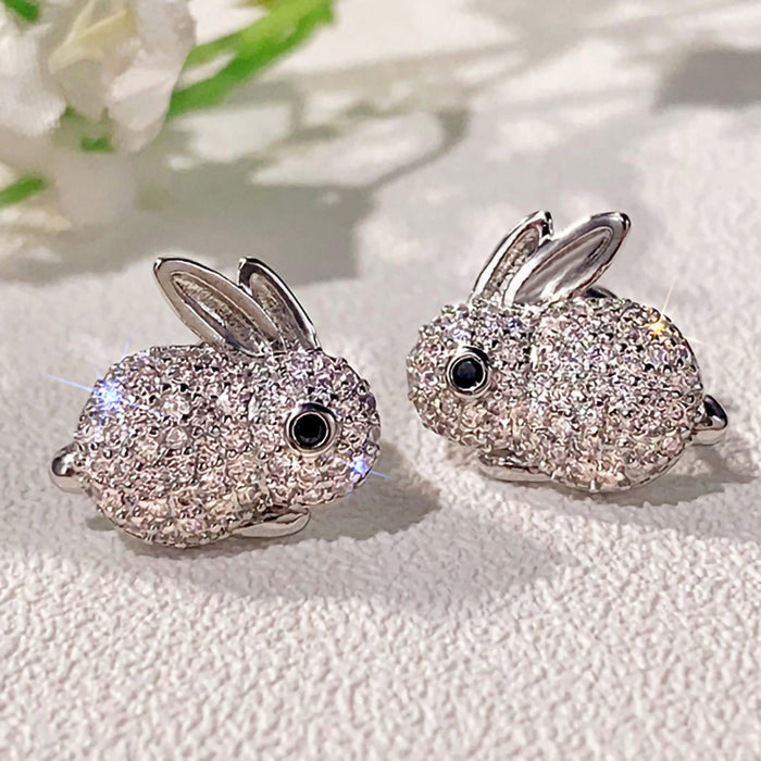Pave CZ Rabbit Bunny Stud Earrings Silver Or Gold Tone