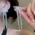 Silver Crystal Bow Chain Fringe Earrings Statement Fashion Jewelry view 1