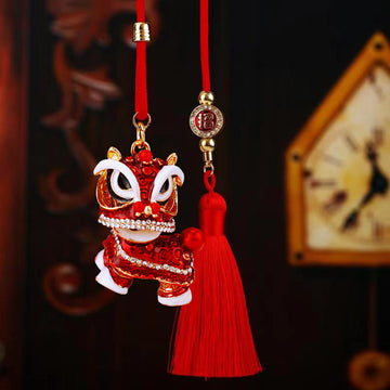 Jeweled Lion Dance Car Hangers in Eight Colors plus One Plain Red Tassel