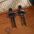 Black Ink Flower Fan and Chain Fringe Stud Earrings view 6