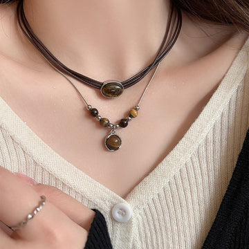 Layered Cord and Tiger Eye Look Beaded Pendant Necklaces