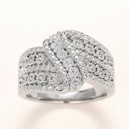 Second product view showing silver-tone leaf-shaped pave extra-wide statement ring