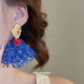 Blue Woven Fan And Red Tassel Statement Earrings Jewelry view 3