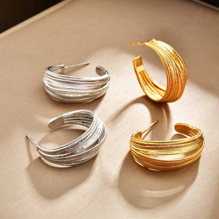 Statement Layered Textured C Hoop Earrings In Two Finishes