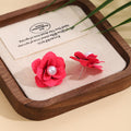 Red Layered Flower Pearl Look Statement Stud Earrings view 2