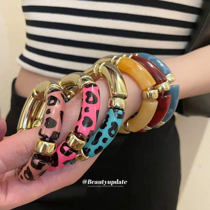 Gold-Tone Acrylic Tube Bracelets Marbled and Leopard