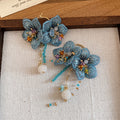 Textile Flower and Pearl Drop Earrings in Blue or Pink view 6