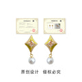 Yellow Enamel Diamond Drop Earrings Peach Pearl Pair view 3