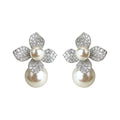 Silver Tone Clear Stone Four Petal Flower And Double Pearl Stud Earrings view 5
