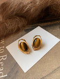 Gold Tone Oval Brown Cabochon Framed Stud Earrings view 6
