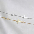 Sideways Cross O-Chain Necklace With Side Bezel CZ Gold Silver view 2