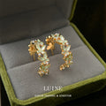 Gold Tone Pale Green White Leaf Half Hoop Stud Earrings view 4
