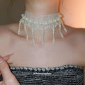 White Pearl And Mesh Fringe Choker With Draped Drops view 1