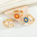 Gold Tone Enamel Daisy Adjustable Open Rings in Three Colors view 1
