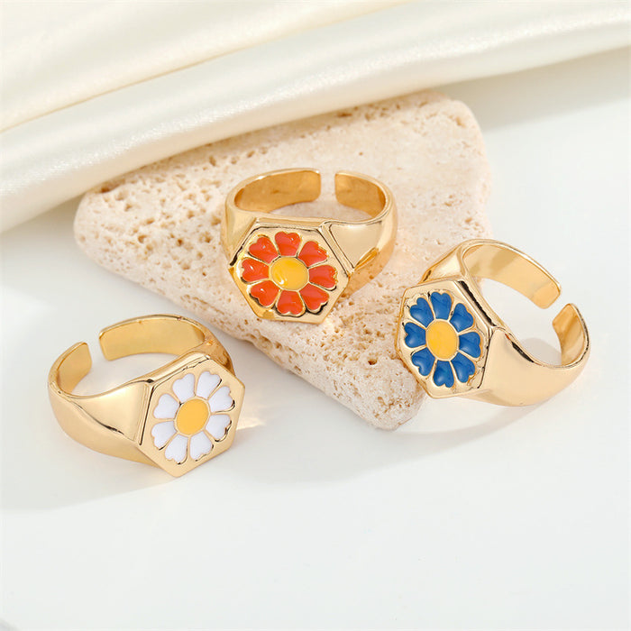 Gold Tone Enamel Daisy Adjustable Open Rings in Three Colors