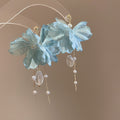 Blue Fabric Flower Crystal Tassel Stud Earrings Statement Pair view 6