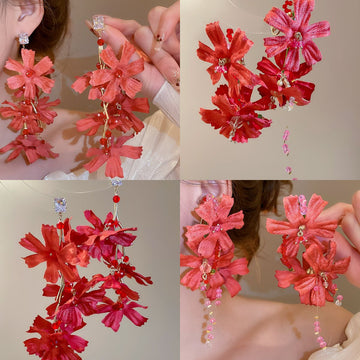 Red Fabric Flower Cascade Earrings In Clip And Stud Styles