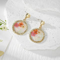 Gold Round Bezel Dried Flower Stone Chip Stud Earrings view 2