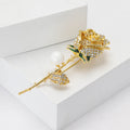 Crystal Rose Stem Brooch Pearl Green Enamel Gold Silver view 3