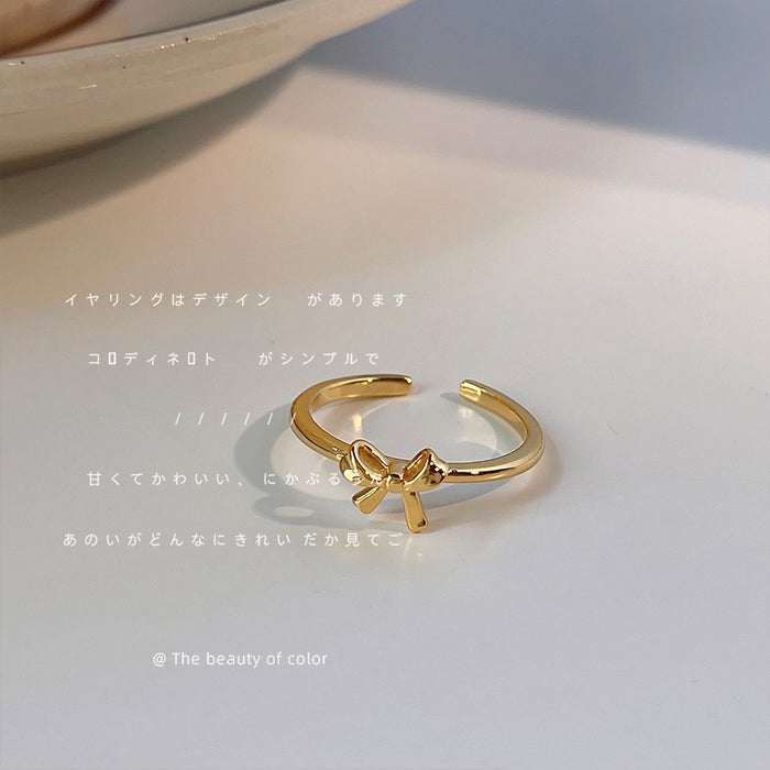 Gold Tone Sculpted Ribbon Bow Open Adjustable Ring For Women