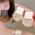 Wooden Square and Beaded Fan Stud Earrings Jewelry view 2