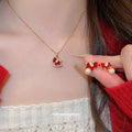 Gold Red Enamel Rocking Horse Necklace and Pearl Drop Studs view 3