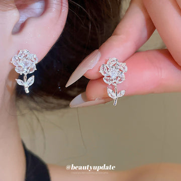 Clear Crystal Rose Flower Stud Earrings with Metal Settings