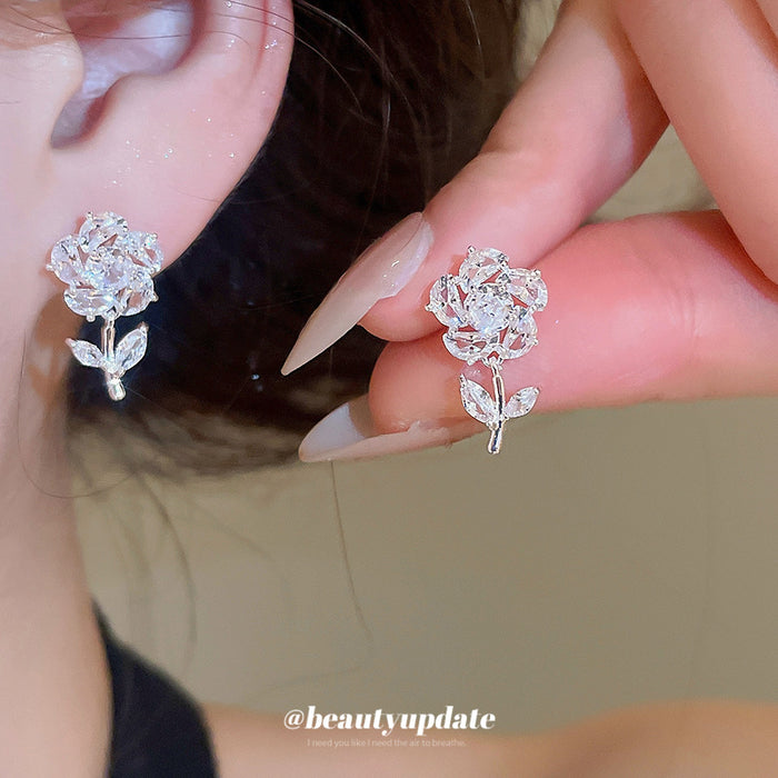 Clear Crystal Rose Flower Stud Earrings with Metal Settings