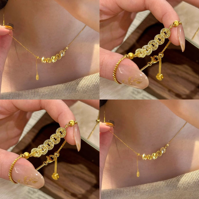 Gold Chinese Coin Link Pendant Chain Necklace Adjustable