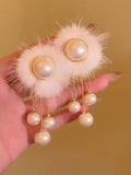 Fuzzy Round Pearl Look Drop Earrings in Brown and White view 7