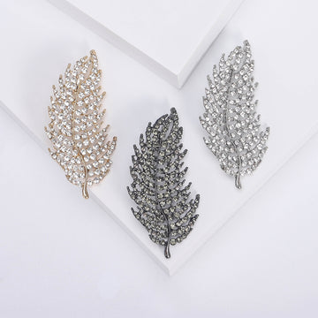 Rhinestone Openwork Leaf Brooch Black Gold or Silver