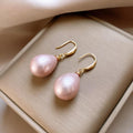 Gold Tone Pink Oval Pearl Long Pendant Hook Earrings view 4