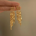 Gold Tone Layered Leaf Cluster Long Tassel Hoop Earrings view 6
