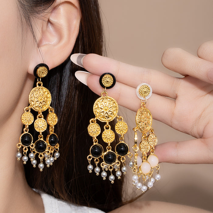 Black and Cream Bead Gold Filigree Chandelier Earrings