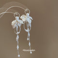 Silver Tone Floral Crystal Earrings With Long Chain Fringe view 2