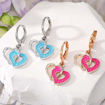 Gold and Silver Tone Double Heart Huggie Drop Earrings in Two Colors