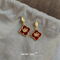 Gold Tone Burgundy Four Petal Flower Long Drop Stud Earrings view 4