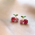 Pink Crystal Cherry Stud Earrings With Green Leaves view 6
