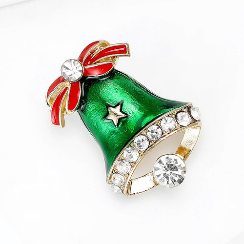 Green Enamel Christmas Bell Brooch close-up highlighting the front decoration