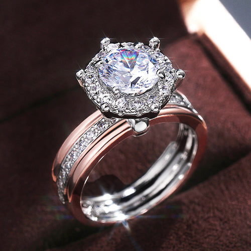 Rose and silver-tone round halo ring set