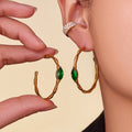 Green Glass Bamboo Texture Hoop Earrings in Gold and Silver Tone view 2
