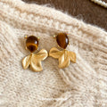 Brown Oval Petal Drop Stud Earrings With Decorative Metal Details view 4