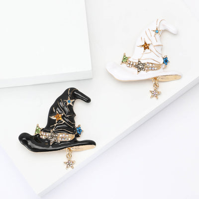 Front view of a black witch hat decorated with stars and a dangling star charm