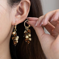 Brown Tiger Eye Look Bead Cluster Gold Tone Hoop Earrings view 1