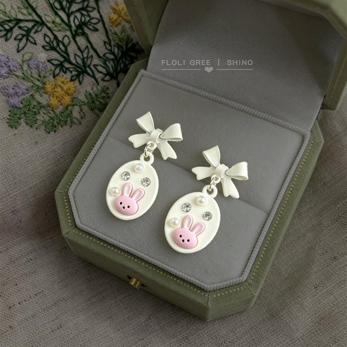 White Bow Pink Bunny Oval Drop Stud Earrings Rhinestones