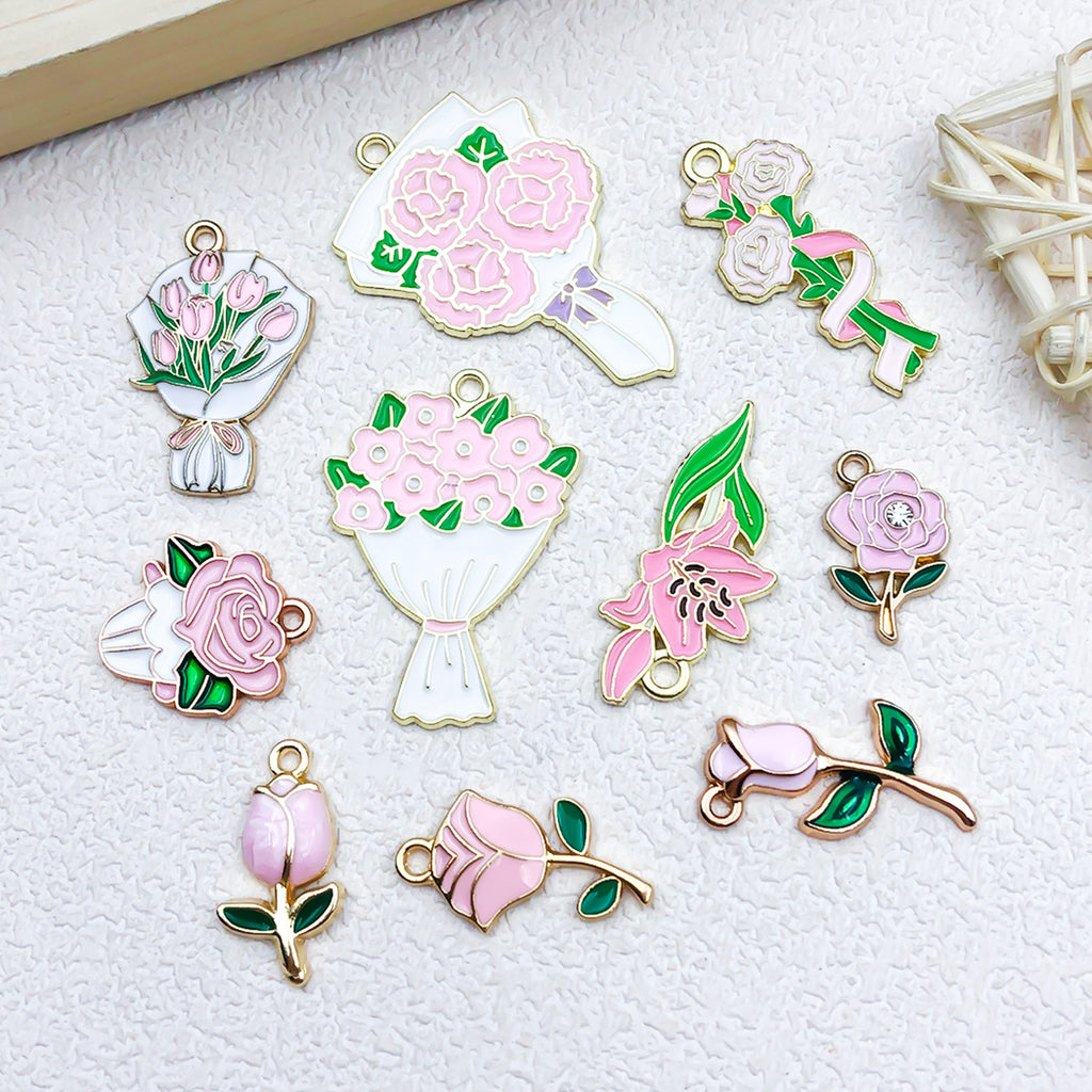 Pink Zinc Alloy Branch Bouquet Carnation Rose charm pendants for DIY bracelets necklaces